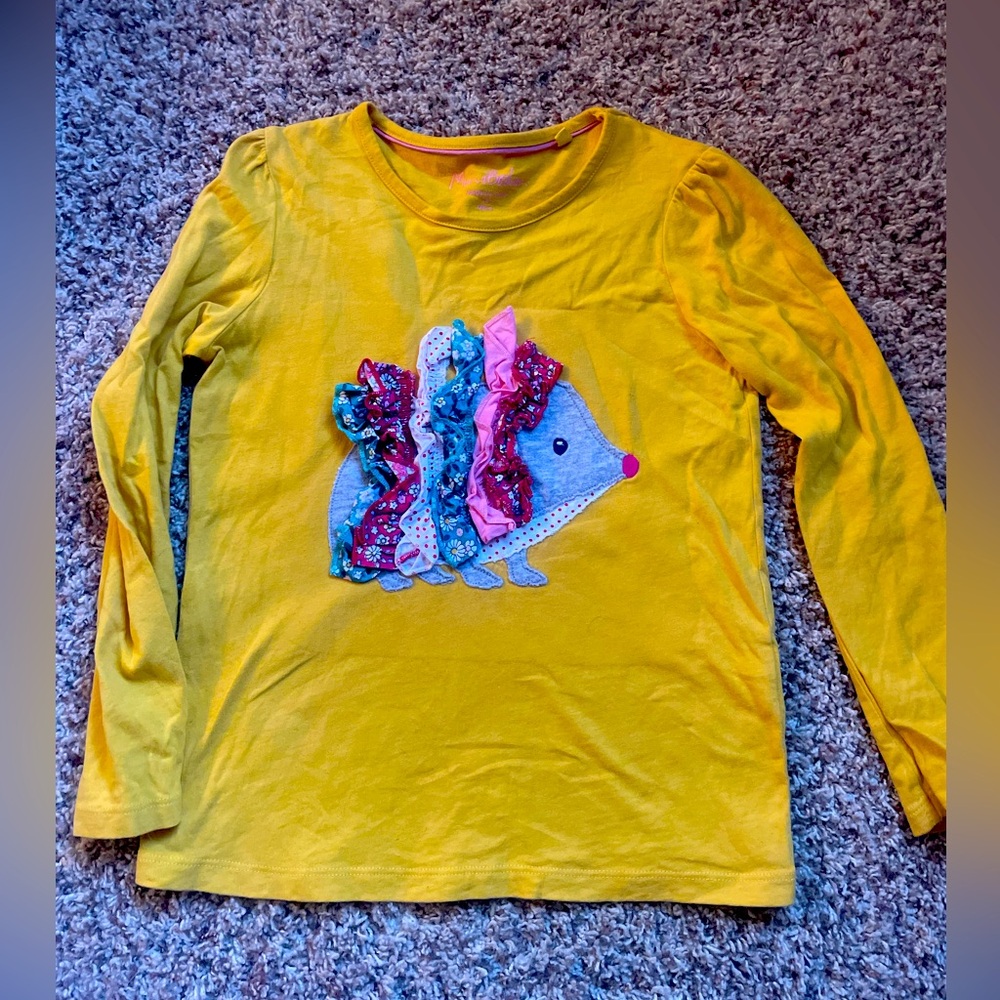Mini Boden yellow appliqué shirt with ruffles size 7-8 girls  hedgehog